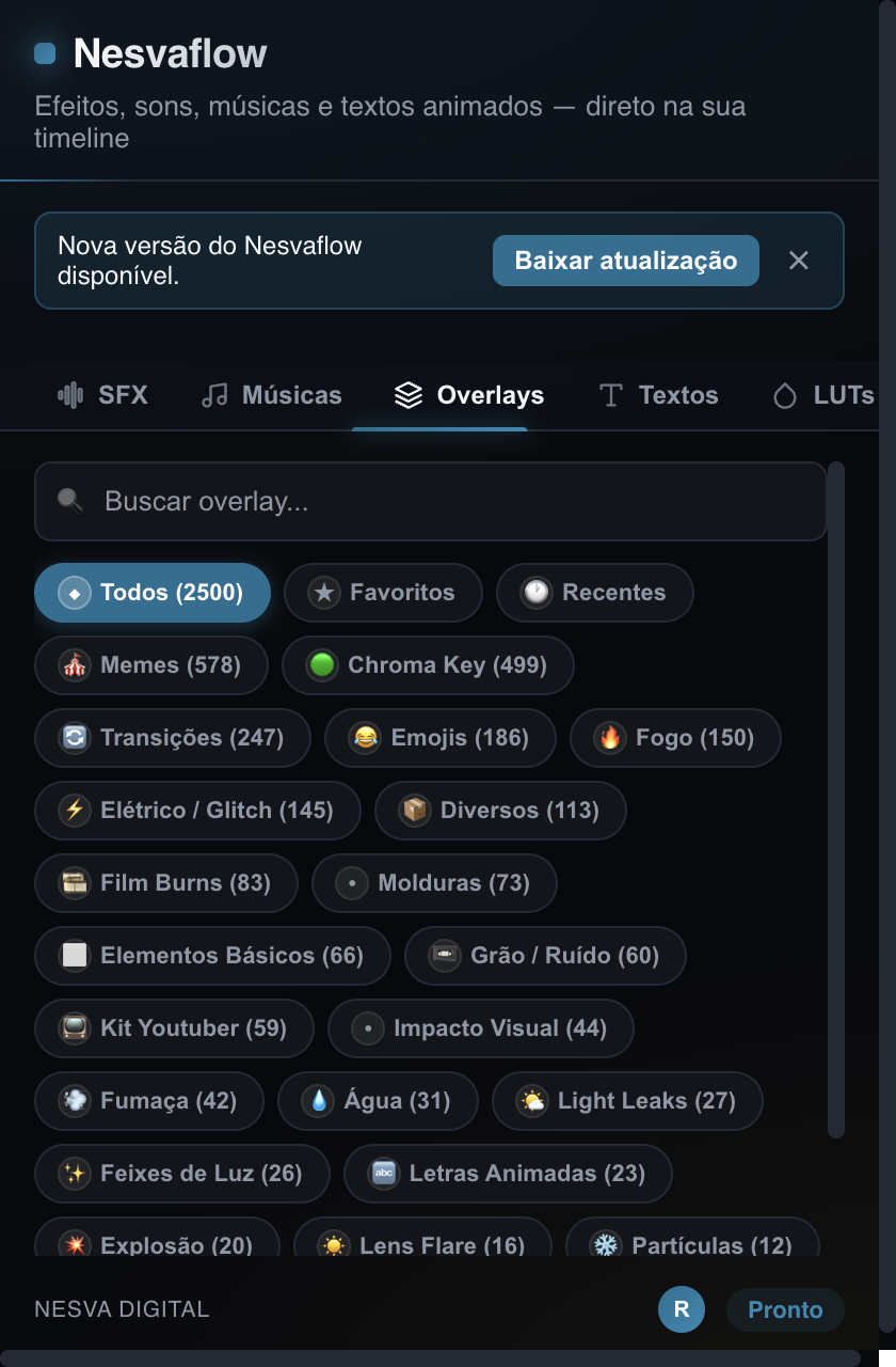 Interface real do Nesvaflow, catálogo de overlays